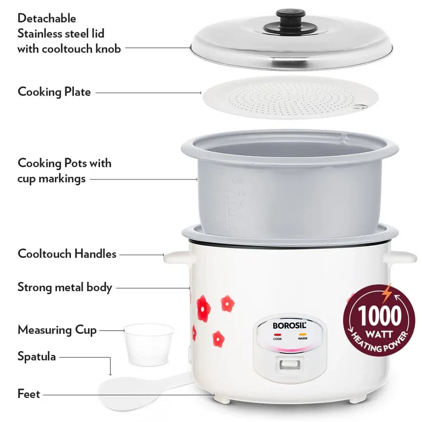 Borosil electric rice cooker styled on a modern luxury kitchen countertop