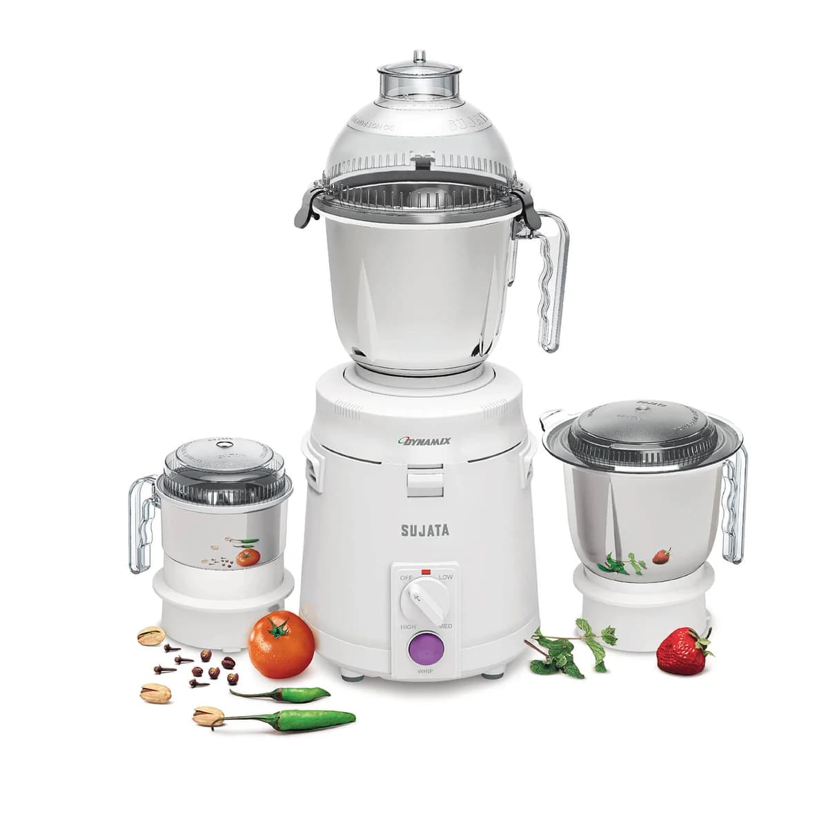 Sujata Dynamix 900W mixer grinder in pristine white hero view