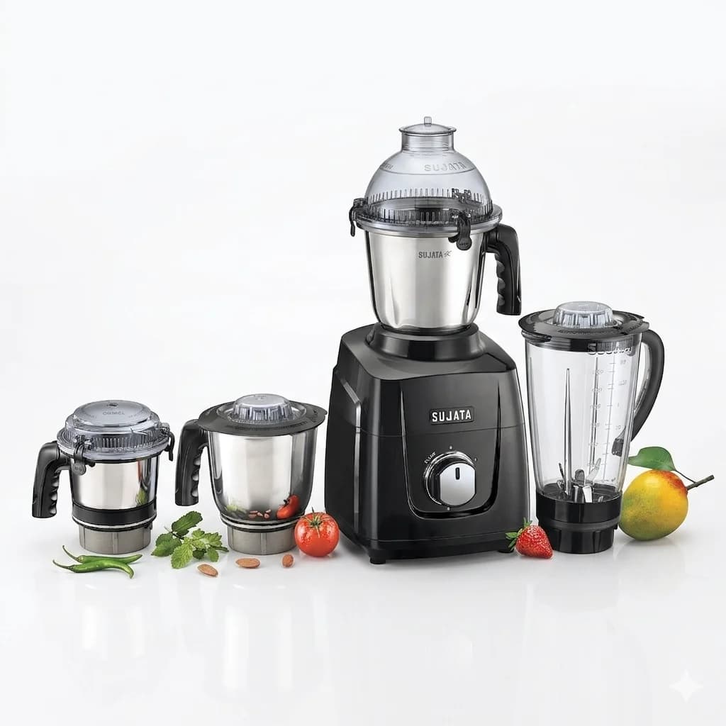 Sujata MG03 1000W mixer grinder with 4 jars in sleek black hero shot