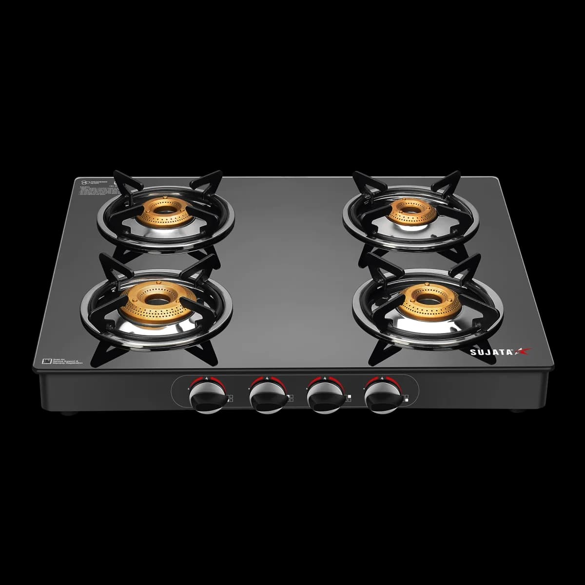 Sujata 4-burner standard glass cooktop hero shot showing sleek black surface