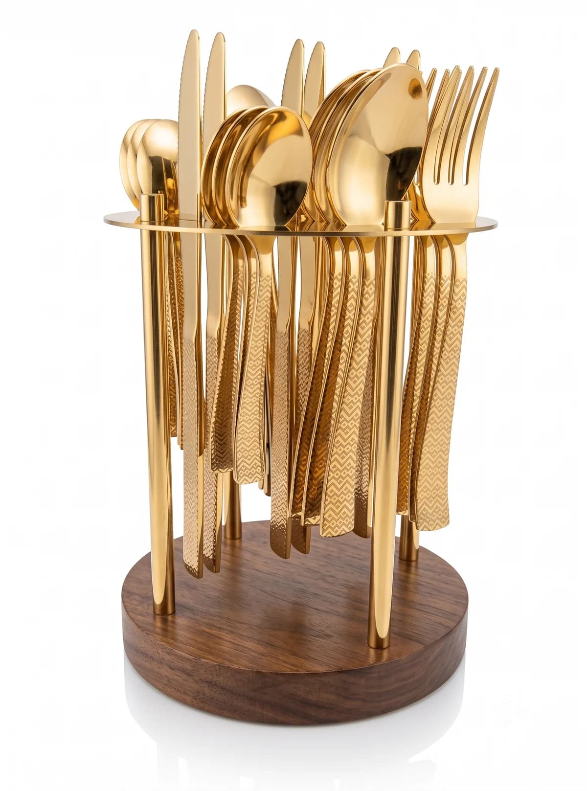Vip New 25-Piece PVD gold cutlery set with wood stand on white background