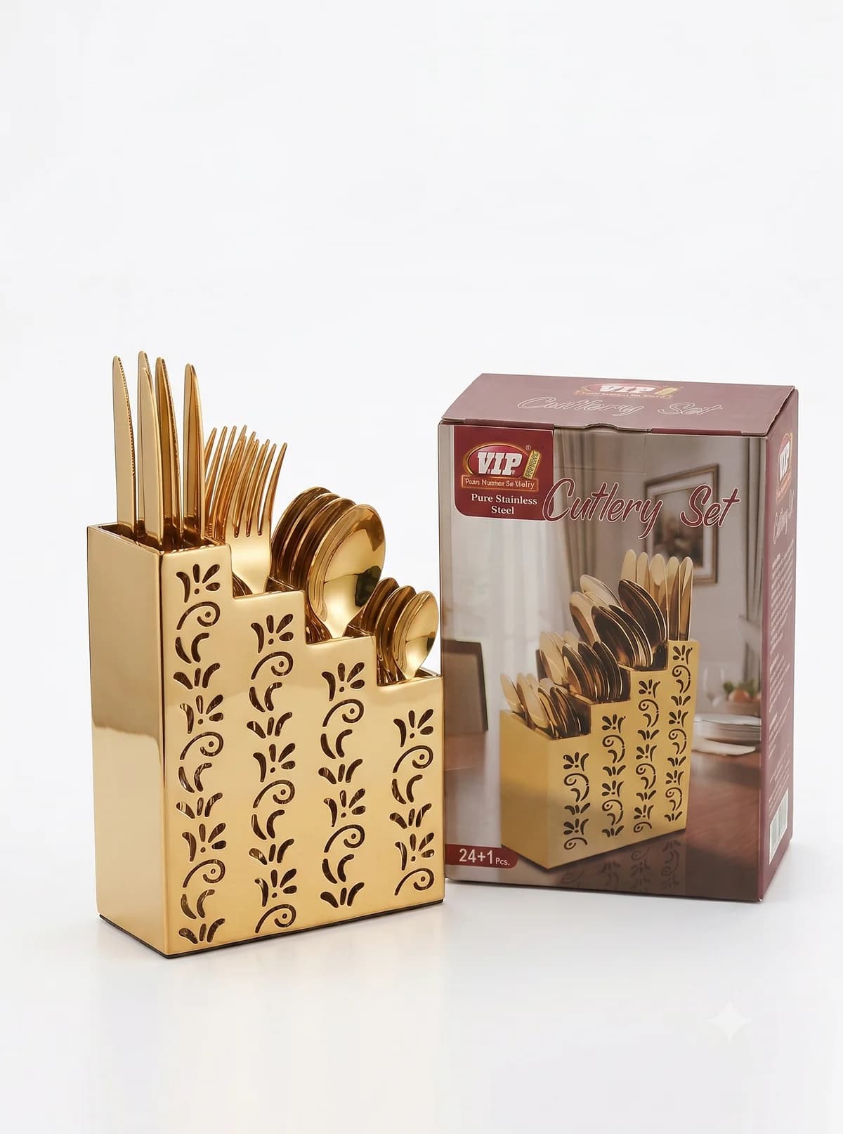 Vip Step 25-Piece PVD gold cutlery set on white background